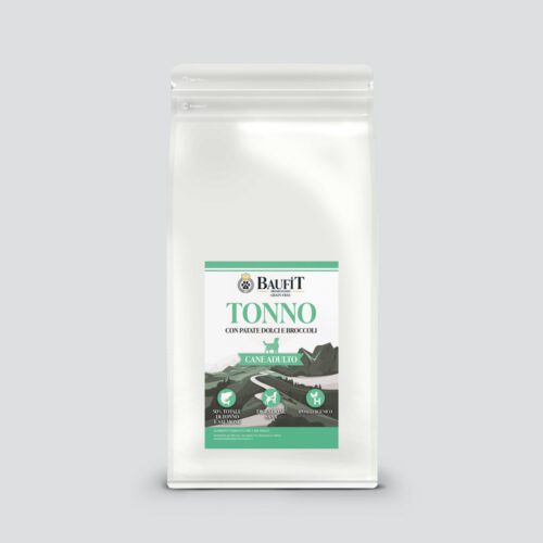 Crocchette grain free al tonno e broccoli per cani adulti Baufit - confezione