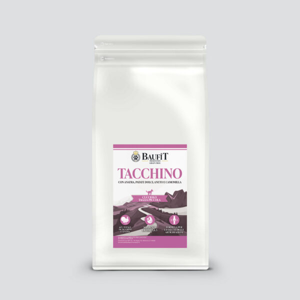 Crocchette per Cane Cucciolo Piccola Taglia Baufit – Grain Free al Tacchino Britannico e Camomilla