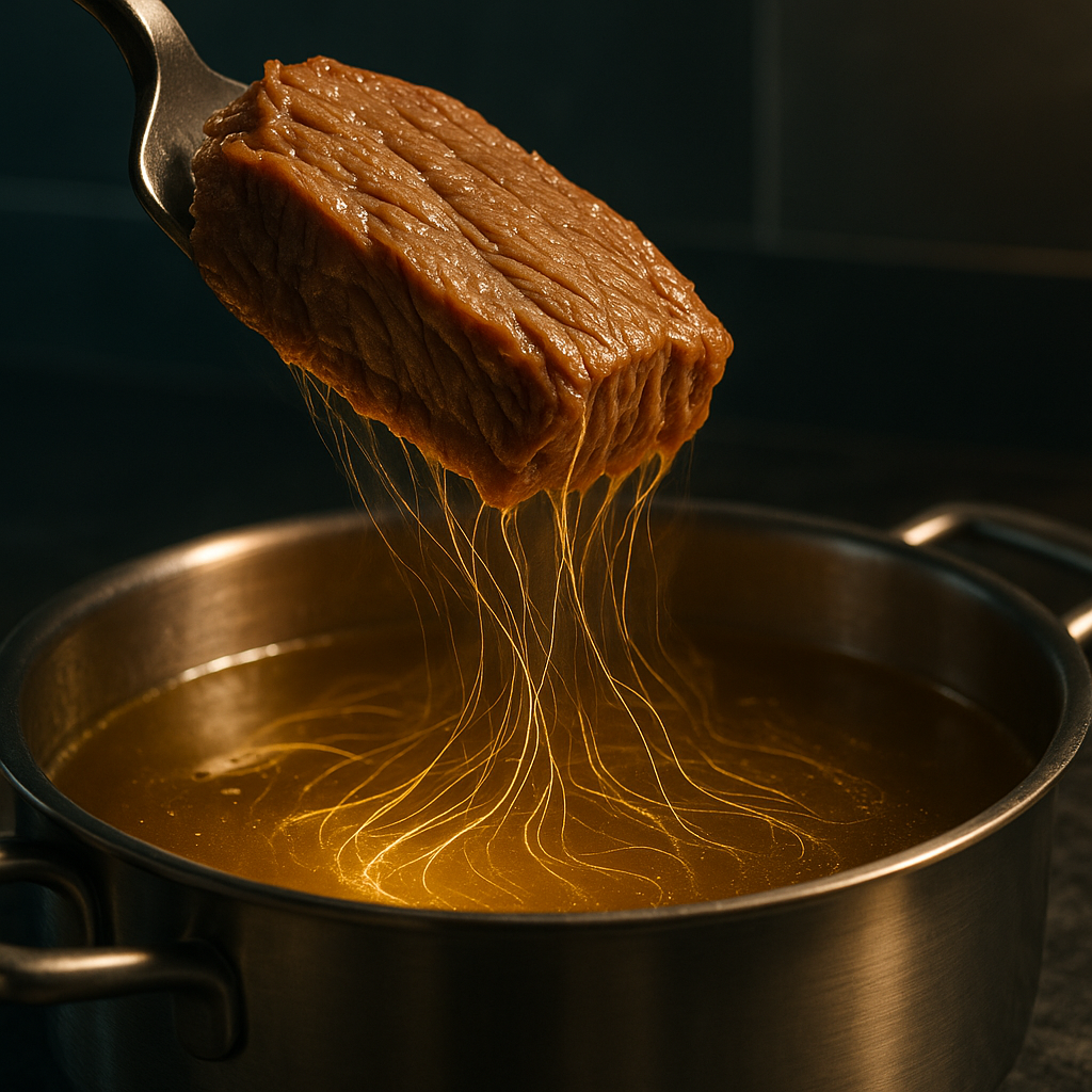 Pezzo di carne che cotto delicatamente libera collagene all'interno del brodo