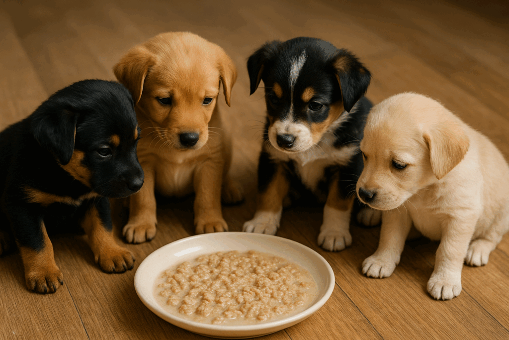 Pappa cremosa con crocchette puppy grain free e acqua tiepida