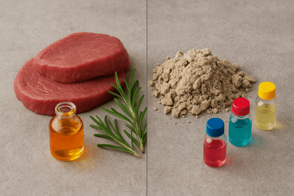 Il contrasto visivo sottolinea la scelta di Baufit di utilizzare soltanto materie prime human‑grade e conservanti naturali.