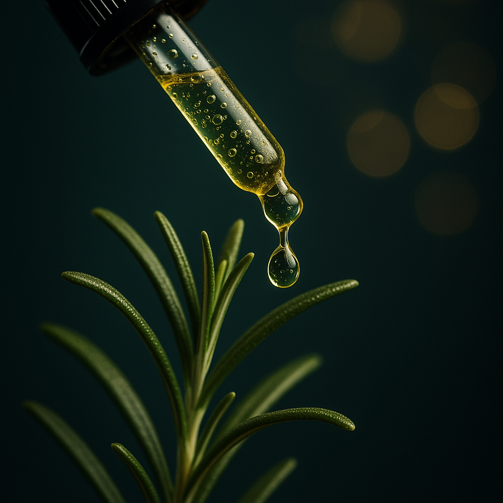 Olio di Rosmarino che viene estratto da un rametto di rosmarino